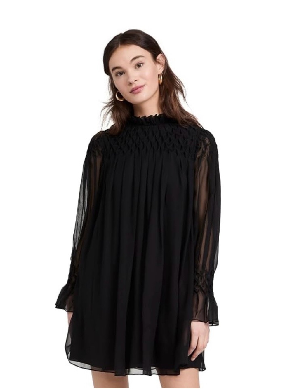 NWT Rebecca Taylor 100% Silk Black Smocked High-Neck Mini Dress